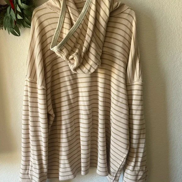 Free People blush, beige, striped tunic pullover hooded waffle knit top XL - Picture 3 of 7